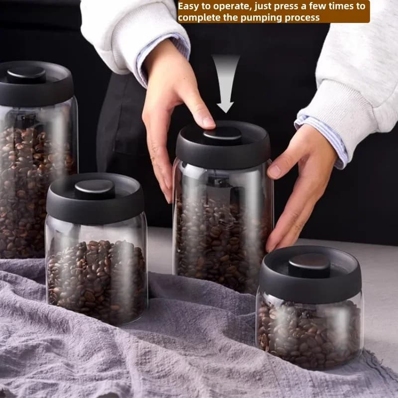 Tarro de café de gran capacidad con tapa negra, almacenamiento manual al vacío y a prueba de humedad, tarro sellado de vidrio para té, café y granos de café para cocina