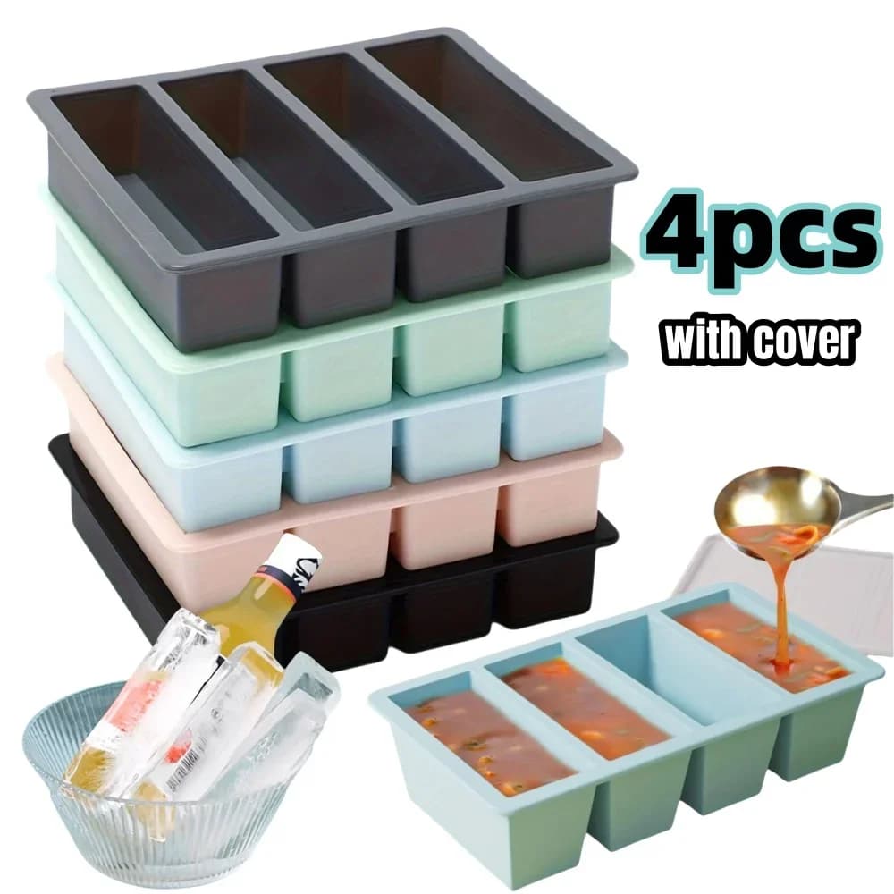 Juego de 1/4 moldes grandes rectangulares para cubitos de hielo con tapa, bandejas apilables para congelador para botellas, bebidas, cubos largos, artículos de cocina
