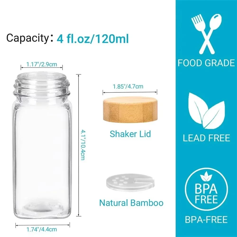 Juego de frascos de especias de vidrio de 6/12/24 piezas con tapas de bambú o metálicas, incluye etiquetas minimalistas para especias y embudo plegable