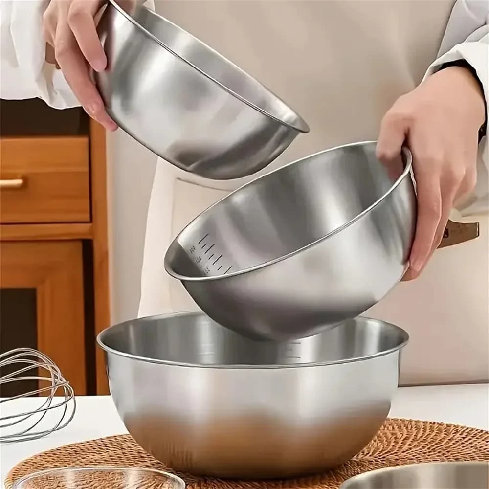 Juego de 1 a 3 cuencos de acero inoxidable con escala para cocinar, hornear y guardar alimentos; cuencos mezcladores de gran capacidad para el hogar y la cocina