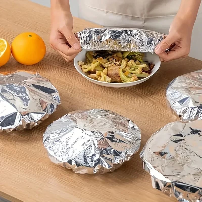 10/100pcs Tapa de papel de aluminio resistente al calor, aislamiento para cuencos y platos, mantiene la comida caliente y fresca, film transparente de grado alimentario
