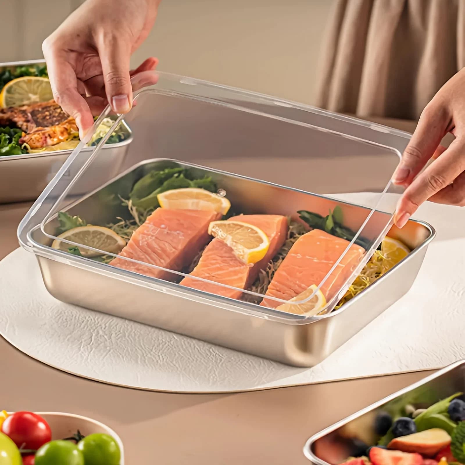 3pcs Contenedores de alimentos de acero inoxidable y lonchera, tapas transparentes apilables a prueba de fugas, artículos y accesorios de cocina para camping