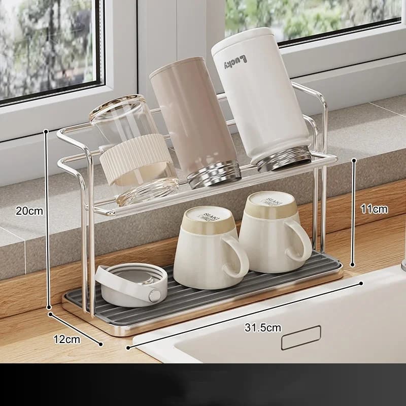 Estante doble de acero inoxidable para vasos de cocina, colgante boca abajo, soporte de almacenamiento para tazas, bandeja doméstica