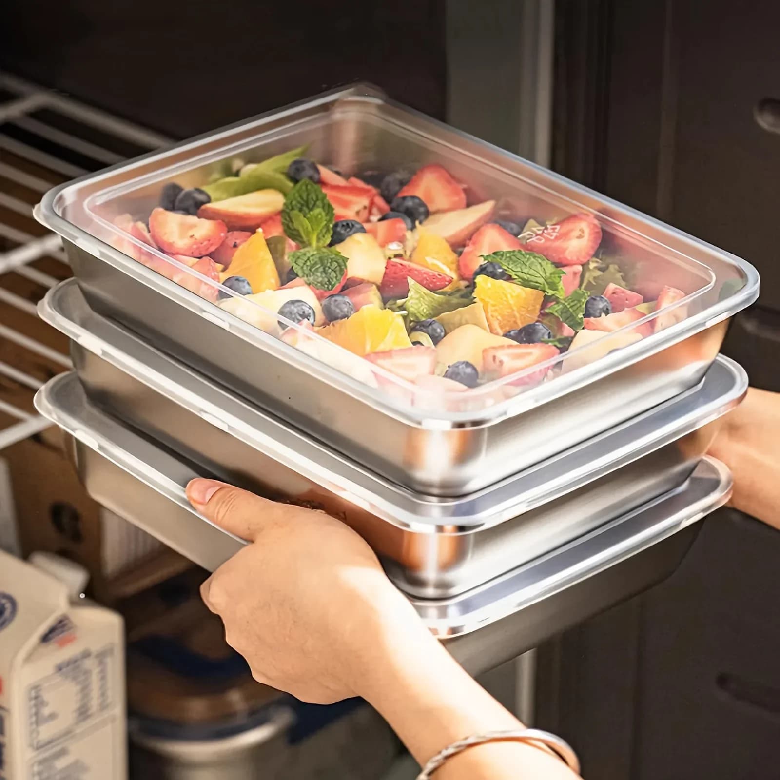 3pcs Contenedores de alimentos de acero inoxidable y lonchera, tapas transparentes apilables a prueba de fugas, artículos y accesorios de cocina para camping