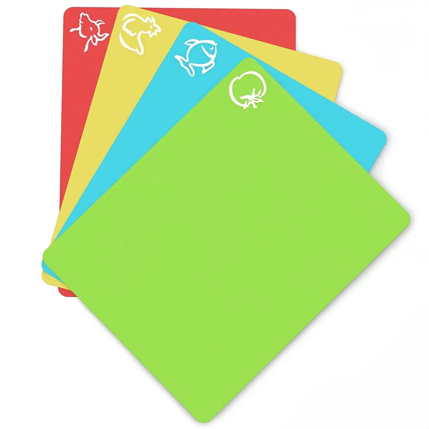 Juego de 4 tablas de cortar de plástico flexible antideslizante con iconos de alimentos, tapetes de corte de cocina