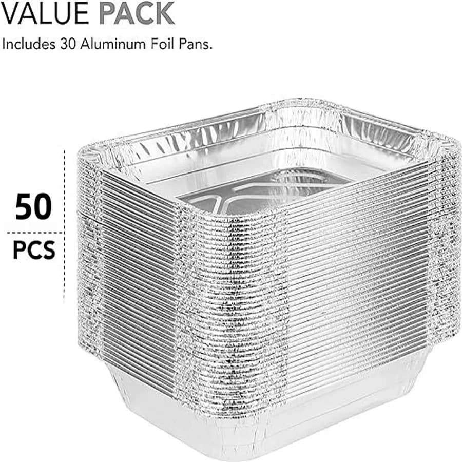 50 piezas de papel de aluminio desechable, varios tamaños, bandejas de aluminio perfectas para cocinar, calentar, almacenar y preparar alimentos.