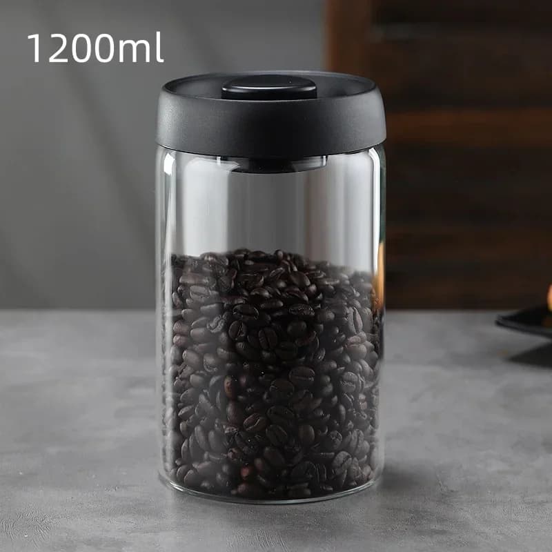 Tarro de café de gran capacidad con tapa negra, almacenamiento manual al vacío y a prueba de humedad, tarro sellado de vidrio para té, café y granos de café para cocina