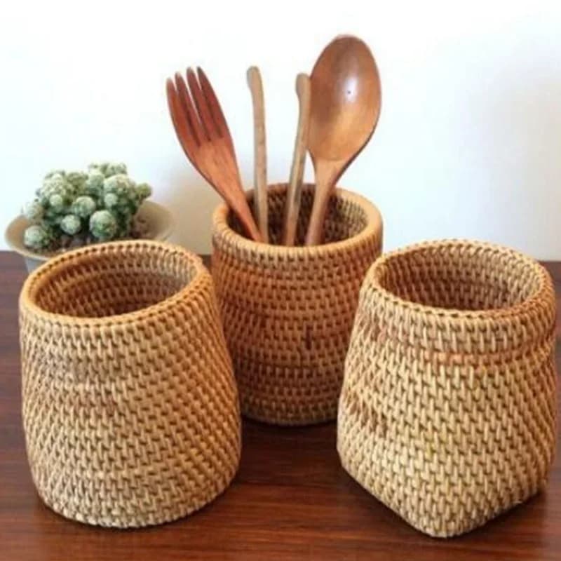Caja de almacenamiento rattan para cubiertos y utensilios de mesa, organizador doméstico para palillos, palas, cucharas, cuchillos y tenedores