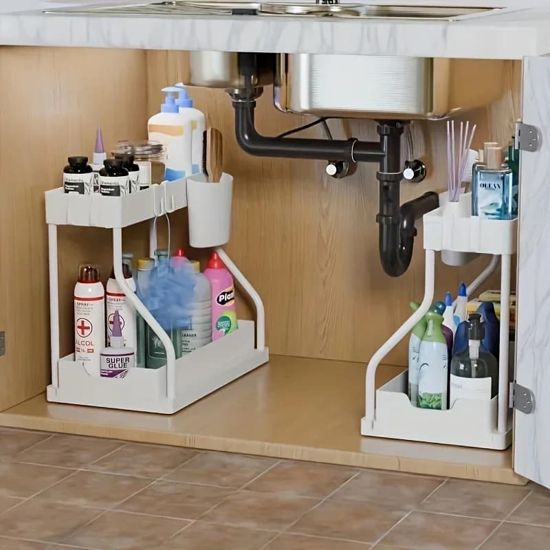 Organizador de 2 niveles para debajo del fregadero que ahorra espacio, caja de almacenamiento extraíble duradera de gran capacidad, organizador esencial de cocina y baño