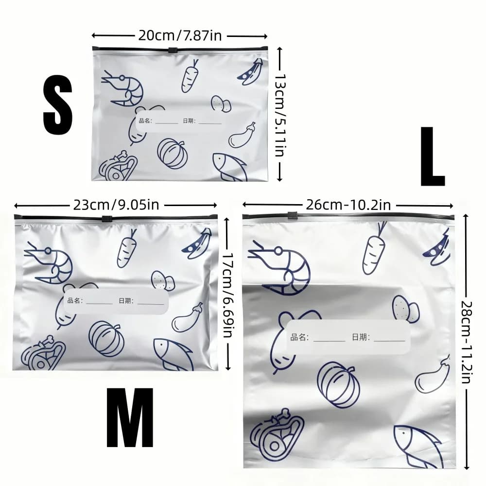 10/60 bolsas de almacenamiento de papel de aluminio, bolsas selladas para congelador, organizadores, envasado de alimentos, reutilizables, a prueba de olores, esencial de cocina