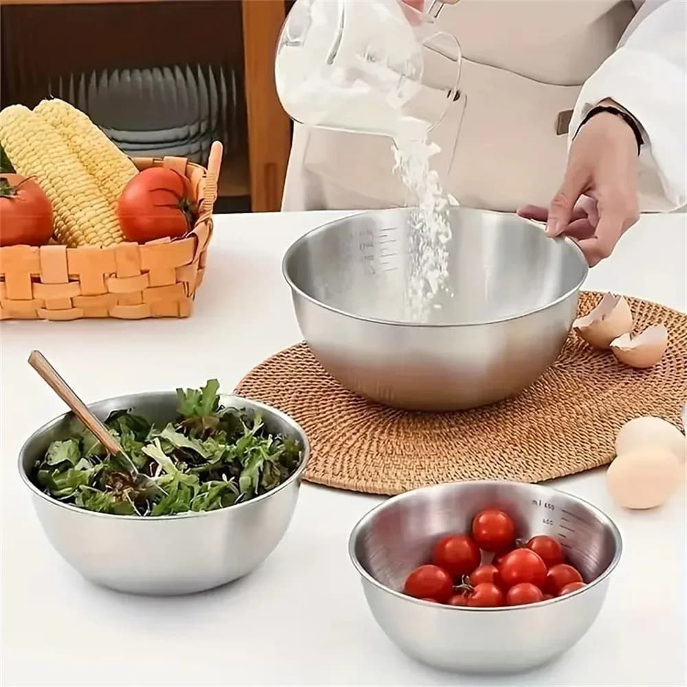 Juego de 1 a 3 cuencos de acero inoxidable con escala para cocinar, hornear y guardar alimentos; cuencos mezcladores de gran capacidad para el hogar y la cocina