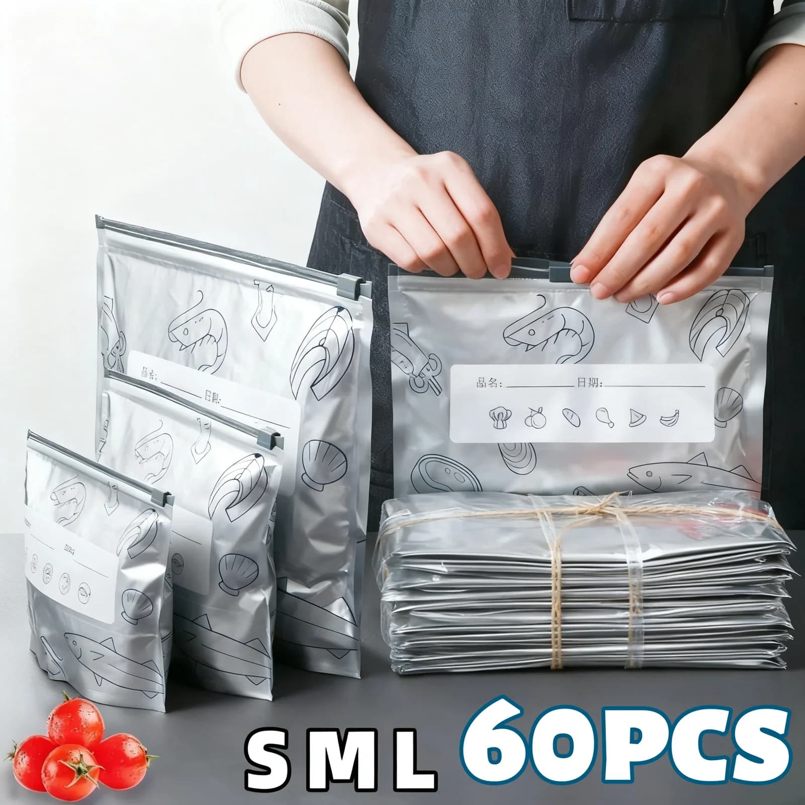 10/60 bolsas de almacenamiento de papel de aluminio, bolsas selladas para congelador, organizadores, envasado de alimentos, reutilizables, a prueba de olores, esencial de cocina