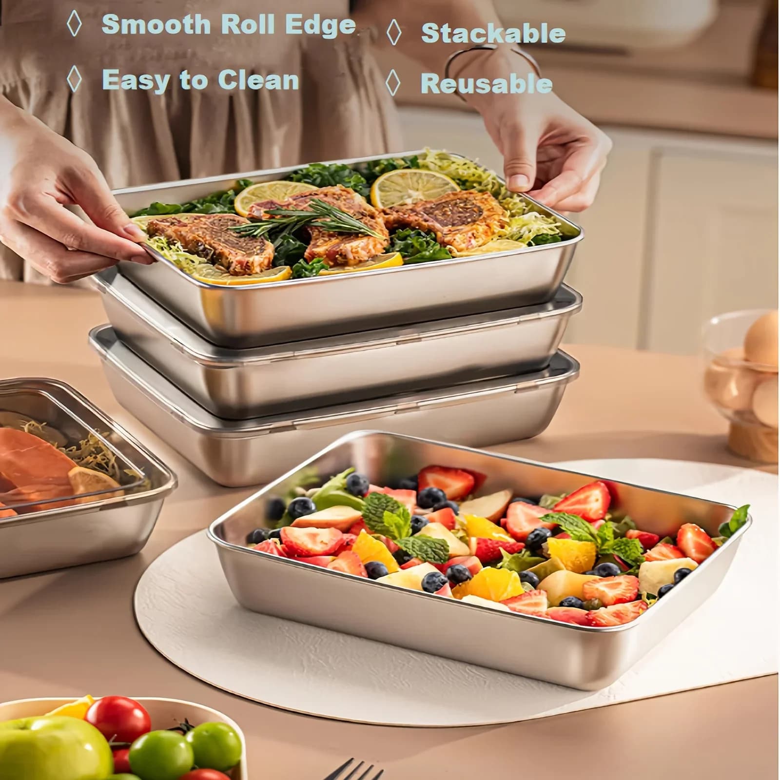 3pcs Contenedores de alimentos de acero inoxidable y lonchera, tapas transparentes apilables a prueba de fugas, artículos y accesorios de cocina para camping
