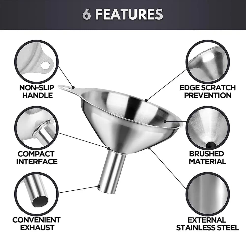 Juego de 3/5 embudos de cocina de acero inoxidable, embudos metálicos aptos para alimentos para llenar botellas, embudos pequeños para aceites esenciales y especias