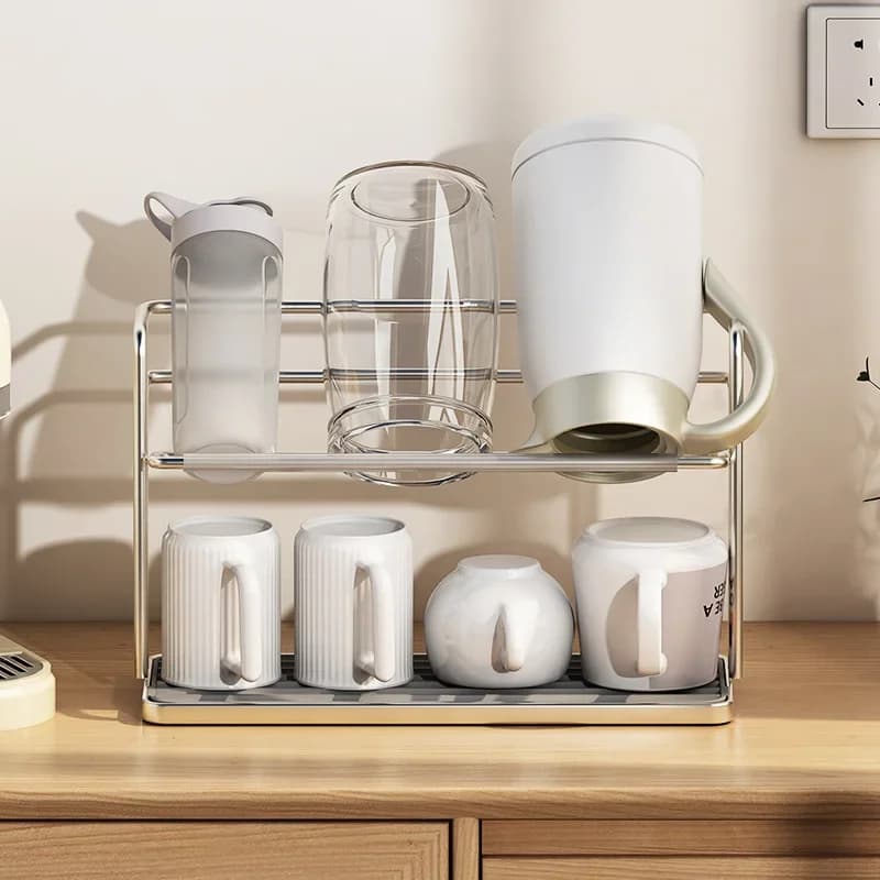 Estante doble de acero inoxidable para vasos de cocina, colgante boca abajo, soporte de almacenamiento para tazas, bandeja doméstica