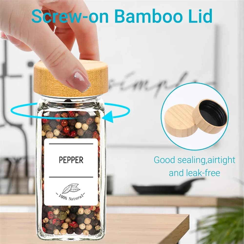 Juego de frascos de especias de vidrio de 6/12/24 piezas con tapas de bambú o metálicas, incluye etiquetas minimalistas para especias y embudo plegable