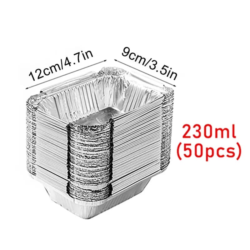 50 piezas de papel de aluminio desechable, varios tamaños, bandejas de aluminio perfectas para cocinar, calentar, almacenar y preparar alimentos.