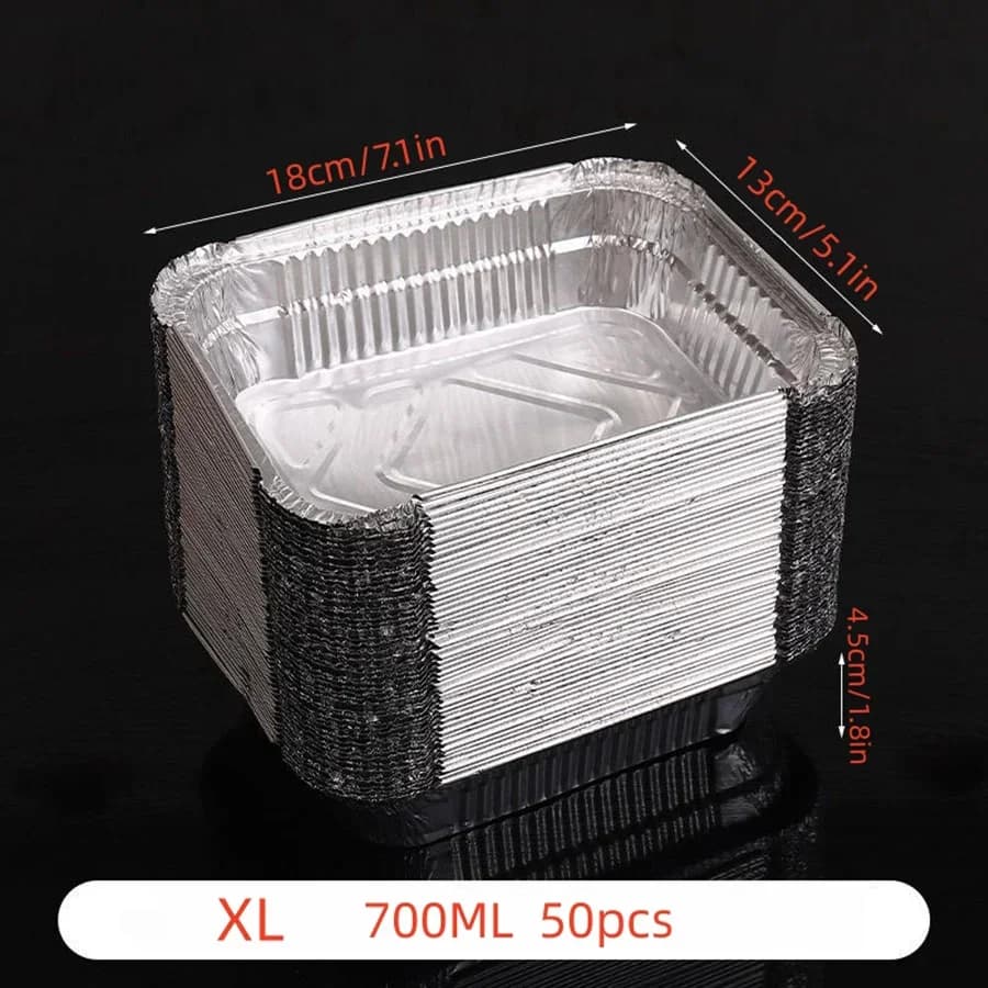 50 piezas de papel de aluminio desechable, varios tamaños, bandejas de aluminio perfectas para cocinar, calentar, almacenar y preparar alimentos.