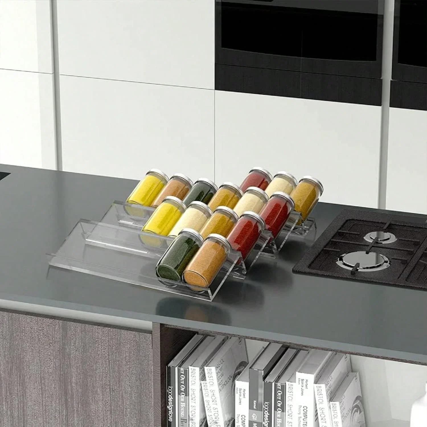 Organizador de cajón para especias de 4/2 niveles, bandeja ajustable de acrílico para tarros, organizador expandible de condimentos para armario y cocina