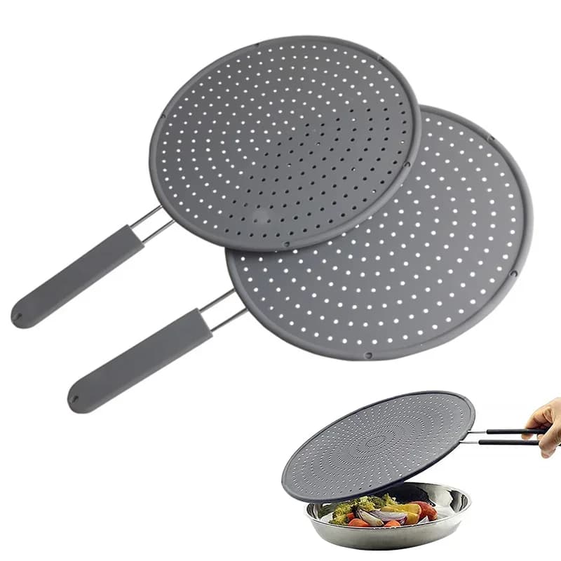 Pantalla antisalpicaduras de silicona con asa, resistente al calor, protector contra salpicaduras de aceite, tapa para escurrir, cubierta para sartén