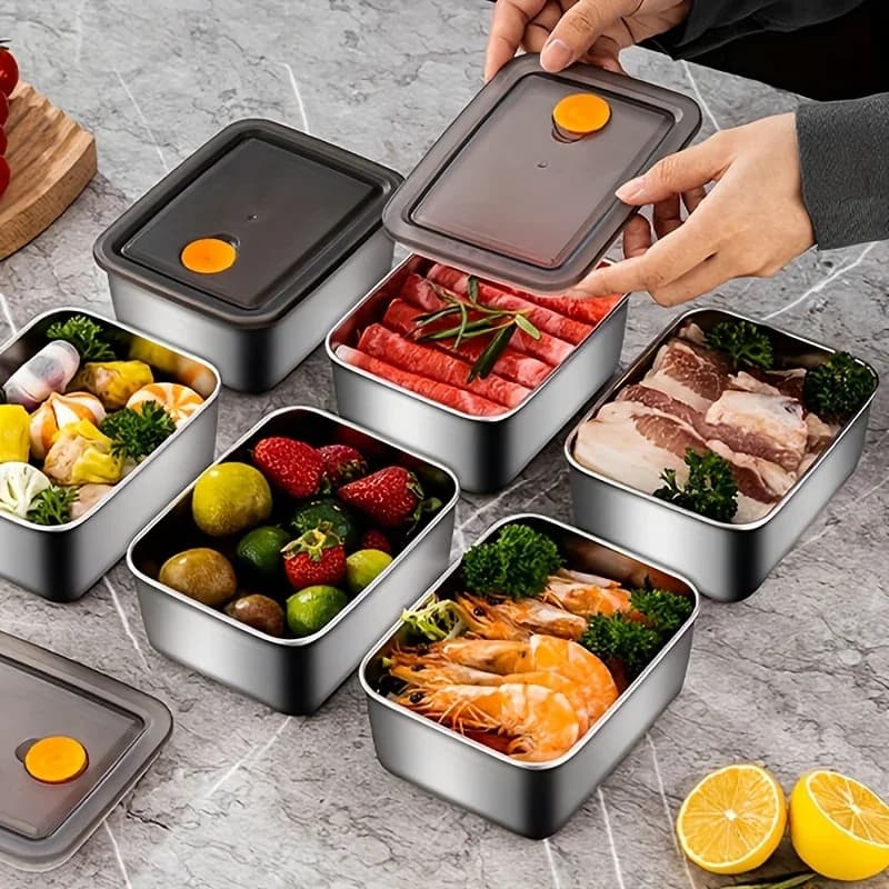 Set de 4 recipientes de almacenamiento de alimentos de acero inoxidable - engrosados, herméticos, apilables y sin BPA para organizar nevera/congelador/despensa