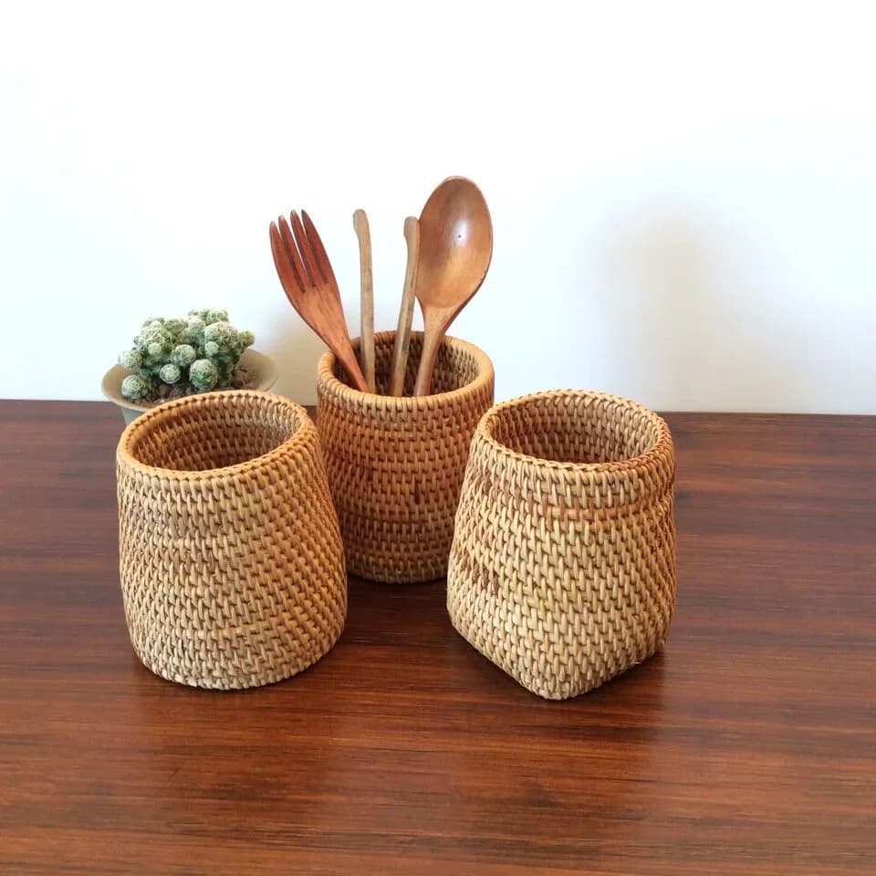 Caja de almacenamiento rattan para cubiertos y utensilios de mesa, organizador doméstico para palillos, palas, cucharas, cuchillos y tenedores