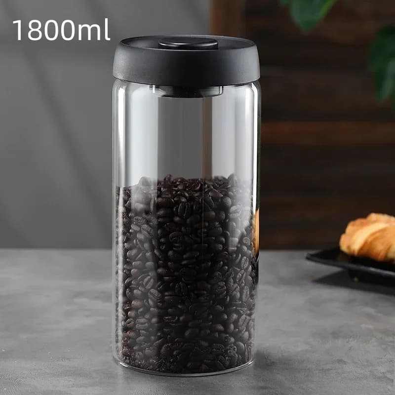 Tarro de café de gran capacidad con tapa negra, almacenamiento manual al vacío y a prueba de humedad, tarro sellado de vidrio para té, café y granos de café para cocina
