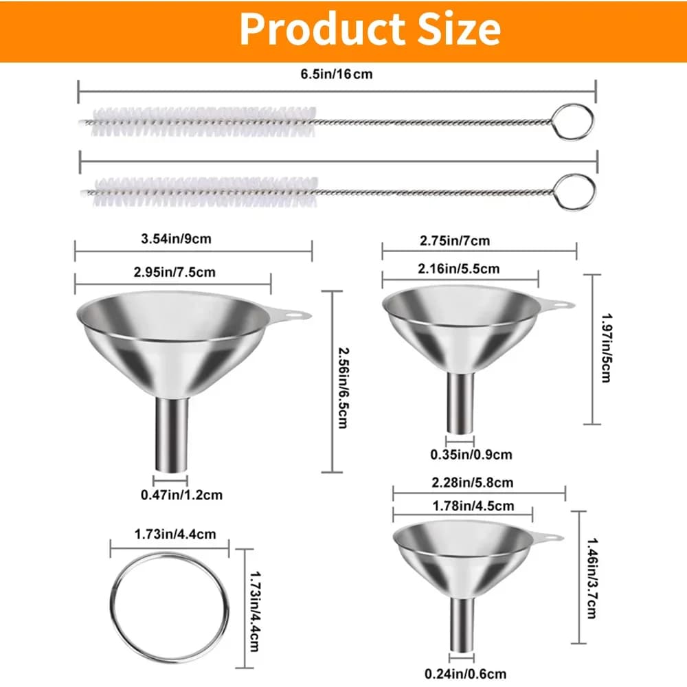 Juego de 3/5 embudos de cocina de acero inoxidable, embudos metálicos aptos para alimentos para llenar botellas, embudos pequeños para aceites esenciales y especias
