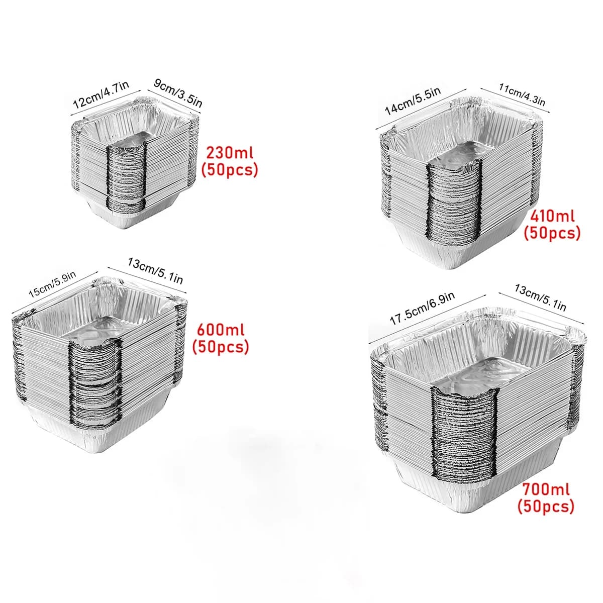 50 piezas de papel de aluminio desechable, varios tamaños, bandejas de aluminio perfectas para cocinar, calentar, almacenar y preparar alimentos.