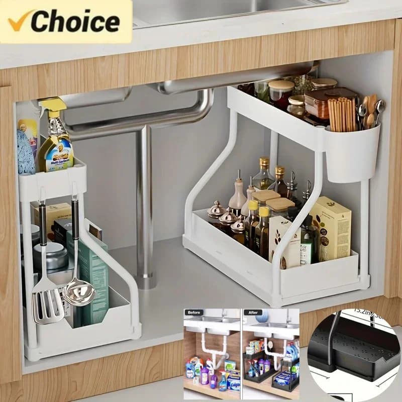 Organizador de 2 niveles para debajo del fregadero que ahorra espacio, caja de almacenamiento extraíble duradera de gran capacidad, organizador esencial de cocina y baño