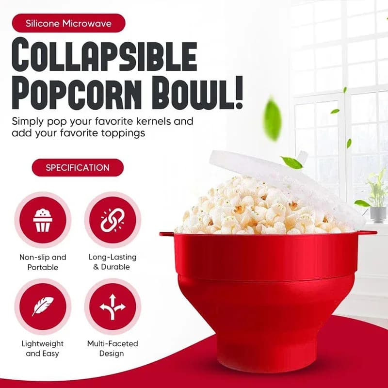 Máquina para hacer palomitas de maíz de silicona para microondas, libre de BPA, cuenco plegable para palomitas, apto para microondas, con tapa, apto para lavavajillas