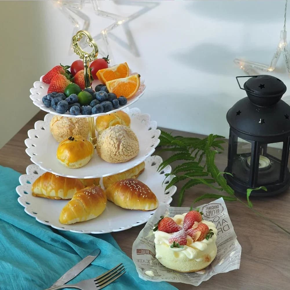 Soporte para tartas de 3 niveles, bandeja para frutas, bandeja de exhibición para fiesta de cumpleaños, postres y boda