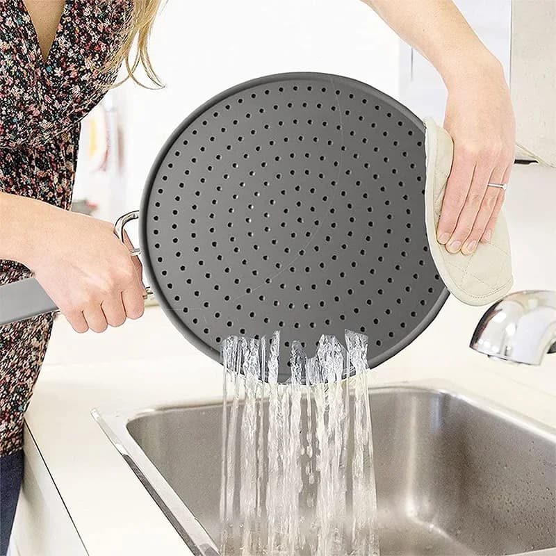 Pantalla antisalpicaduras de silicona con asa, resistente al calor, protector contra salpicaduras de aceite, tapa para escurrir, cubierta para sartén