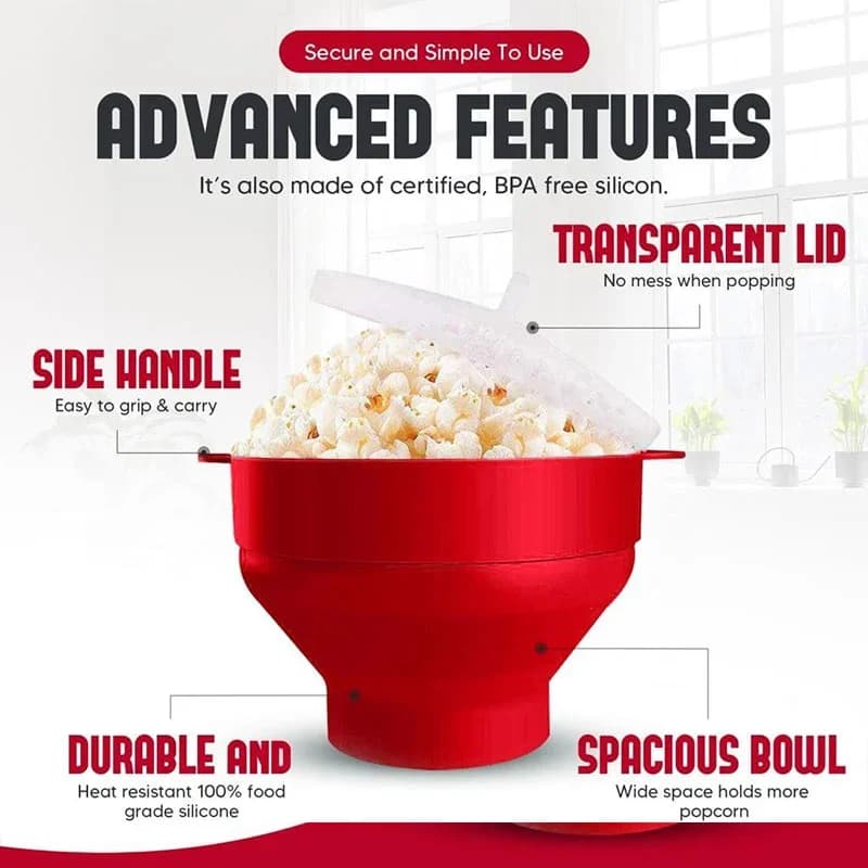 Máquina para hacer palomitas de maíz de silicona para microondas, libre de BPA, cuenco plegable para palomitas, apto para microondas, con tapa, apto para lavavajillas