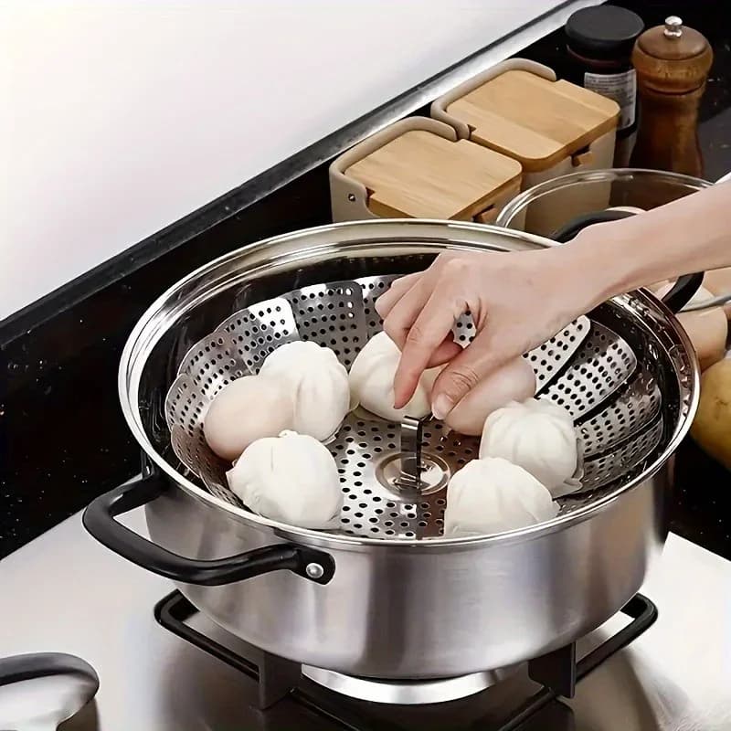 Cesta vaporera extensible de acero inoxidable - ajustable de 6-10.5" y plegable para ollas | rejilla vaporera para verduras saludable, duradera y fácil de limpiar