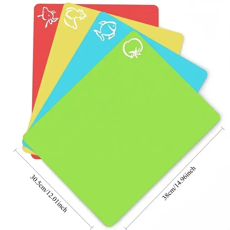 Juego de 4 tablas de cortar de plástico flexible antideslizante con iconos de alimentos, tapetes de corte de cocina