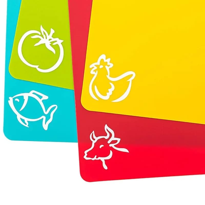 Juego de 4 tablas de cortar de plástico flexible antideslizante con iconos de alimentos, tapetes de corte de cocina