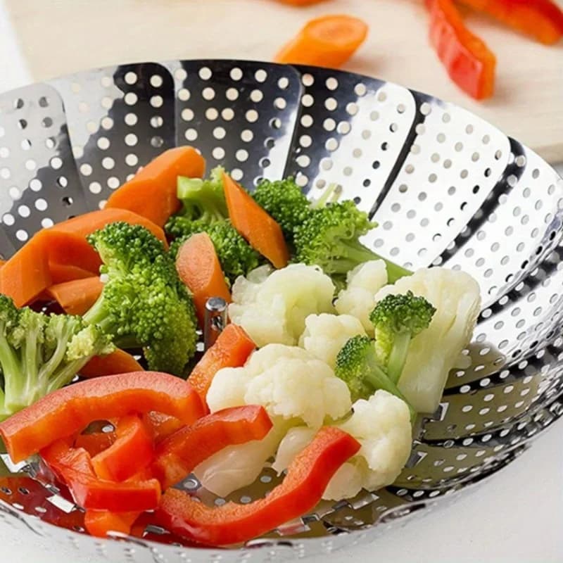 Cesta vaporera extensible de acero inoxidable - ajustable de 6-10.5" y plegable para ollas | rejilla vaporera para verduras saludable, duradera y fácil de limpiar