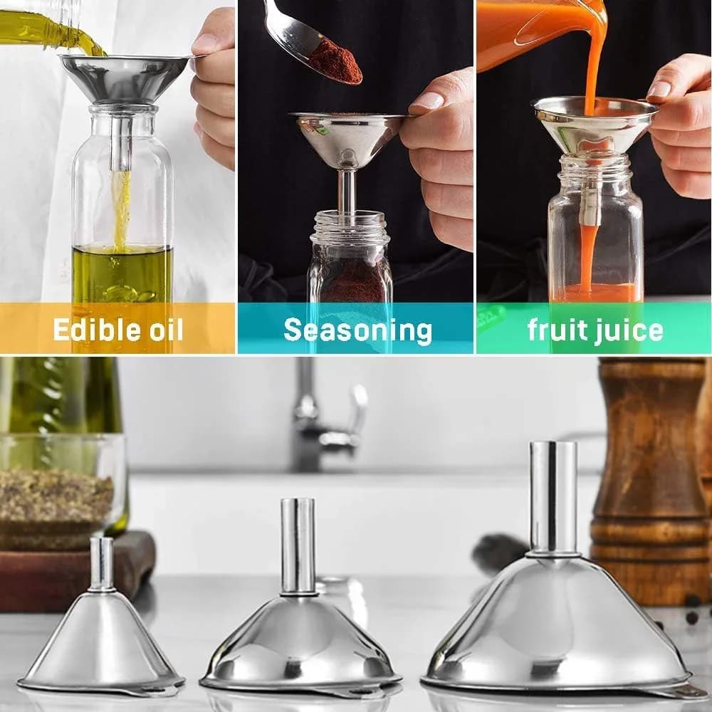 Juego de 3/5 embudos de cocina de acero inoxidable, embudos metálicos aptos para alimentos para llenar botellas, embudos pequeños para aceites esenciales y especias