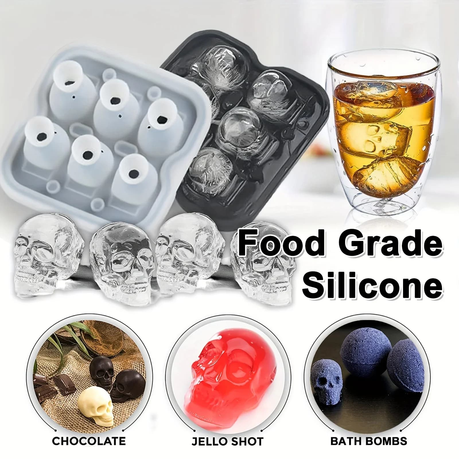 Molde de silicona para bola de hielo en forma de calavera 3D, bandejas flexibles para cubitos de hielo, libres de BPA, para congelador, moldeador de bolas de hielo para cócteles con calavera de terror
