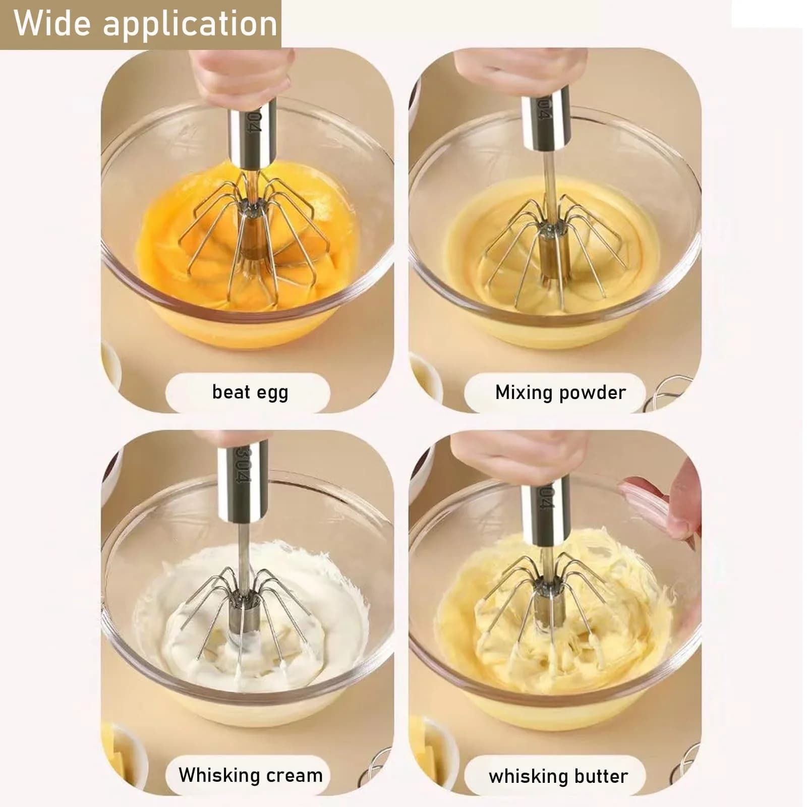 Batidor de huevos de acero inoxidable, duradero, semiautomático, para mezclar, batir y emulsionar huevos y crema sin esfuerzo, para cocina y repostería