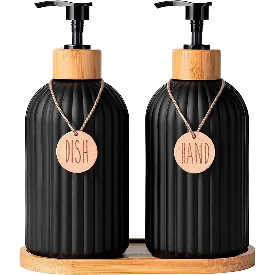 Juego de dispensadores negros para jabón de cocina con etiquetas, recipiente de almacenamiento para jabón de manos y jabón para platos sobre encimera para la decoración del hogar