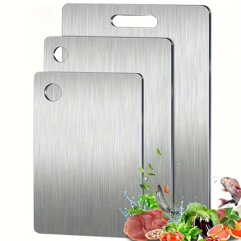 Tabla de cortar de acero inoxidable 3 piezas: libre de BPA, apta para lavavajillas, antideslizante, con canal para jugos, inoxidable y ahorra espacio