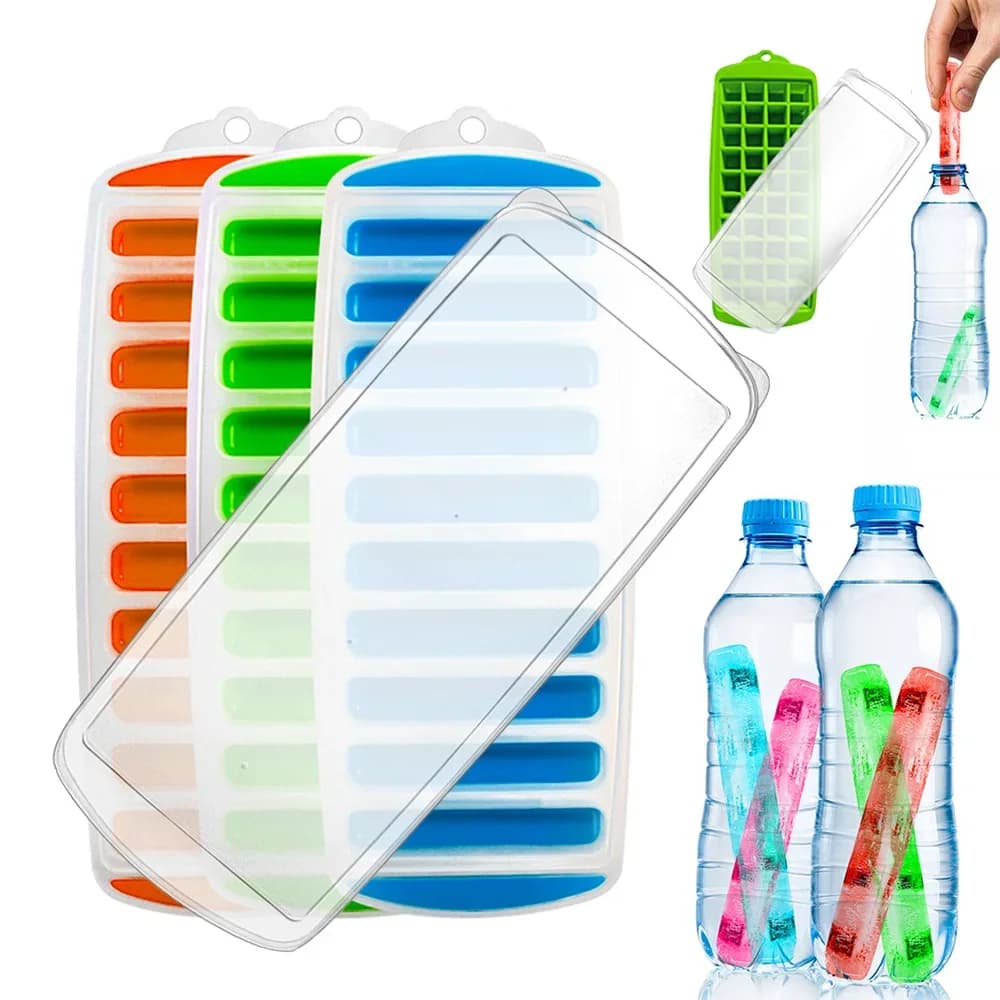Cubitera de plástico con tapa y salida fácil Molde reutilizable para palitos de hielo para agua y botellas deportivas
