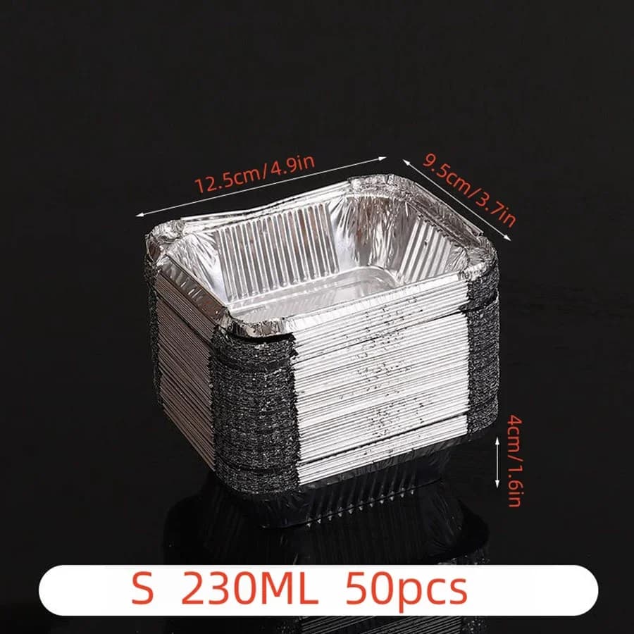 50 piezas de papel de aluminio desechable, varios tamaños, bandejas de aluminio perfectas para cocinar, calentar, almacenar y preparar alimentos.