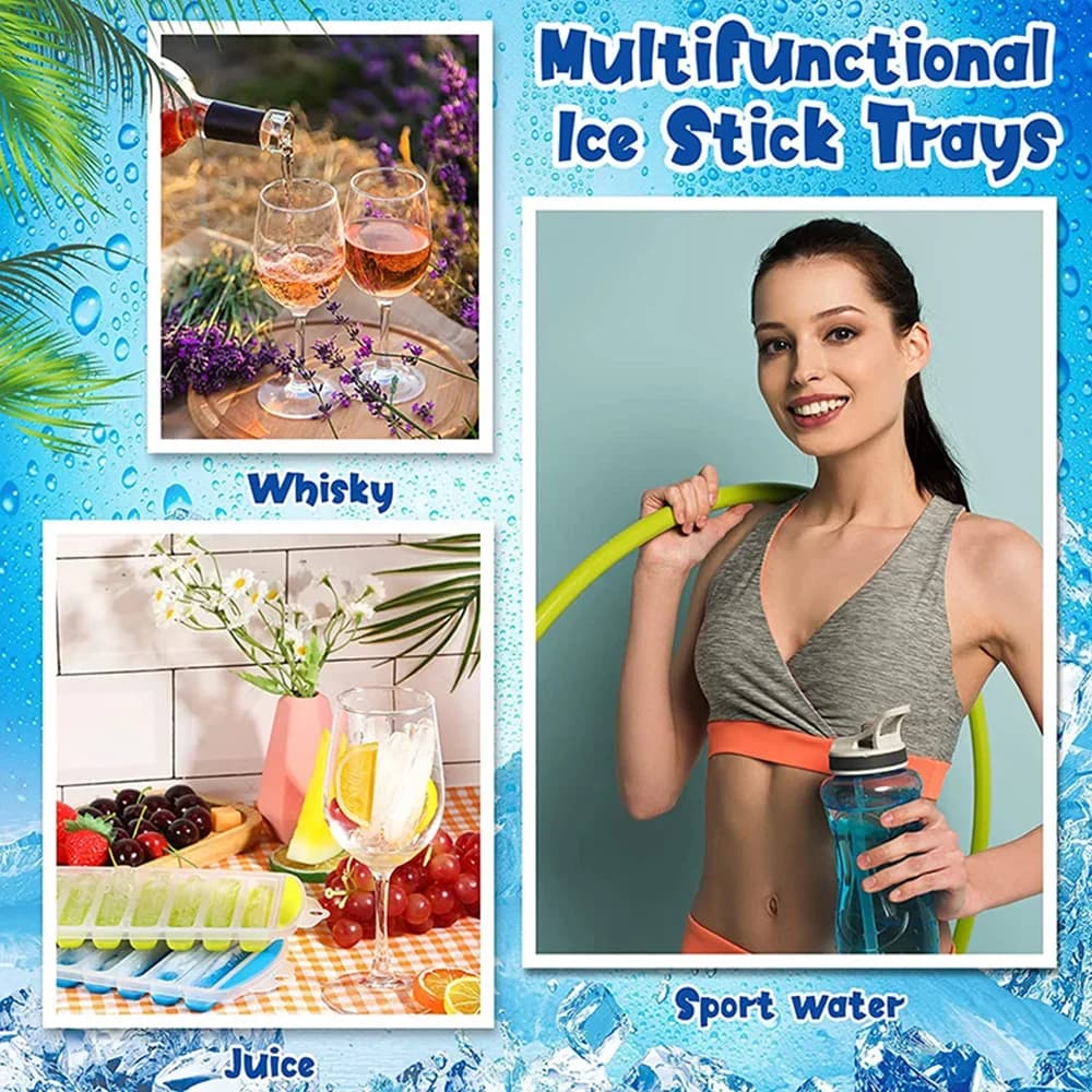 Cubitera de plástico con tapa y salida fácil Molde reutilizable para palitos de hielo para agua y botellas deportivas