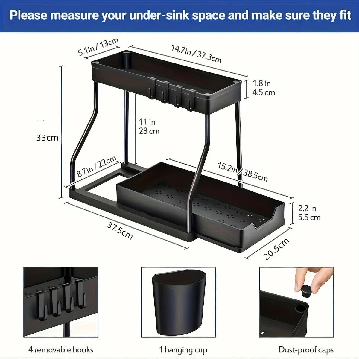 Organizador de 2 niveles para debajo del fregadero que ahorra espacio, caja de almacenamiento extraíble duradera de gran capacidad, organizador esencial de cocina y baño