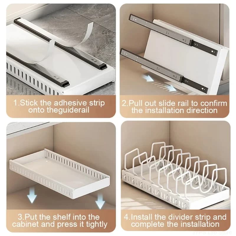 Organizador deslizante extraíble multifuncional de cocina, estante de almacenamiento para cajón, para tapas de ollas, especias, cuencos, platos y utensilios de cocina