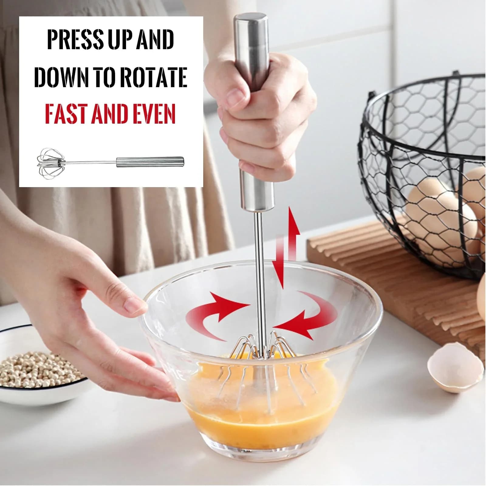 Batidor de huevos de acero inoxidable, duradero, semiautomático, para mezclar, batir y emulsionar huevos y crema sin esfuerzo, para cocina y repostería