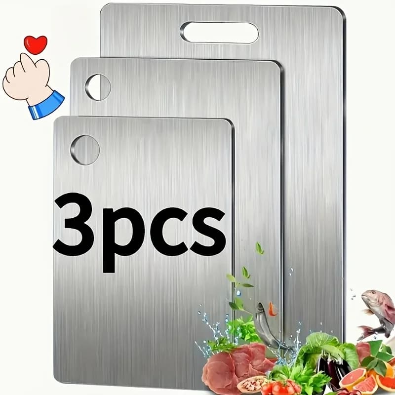 Tabla de cortar de acero inoxidable 3 piezas: libre de BPA, apta para lavavajillas, antideslizante, con canal para jugos, inoxidable y ahorra espacio